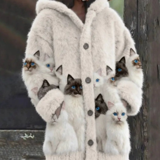 Womens Printed Cat-Design Jacket Top