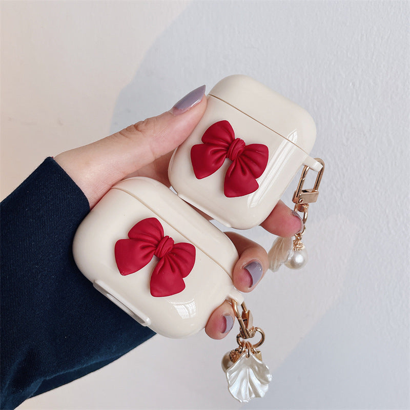 Beige Red Bow Shell Pendant Wireless Earphone Case