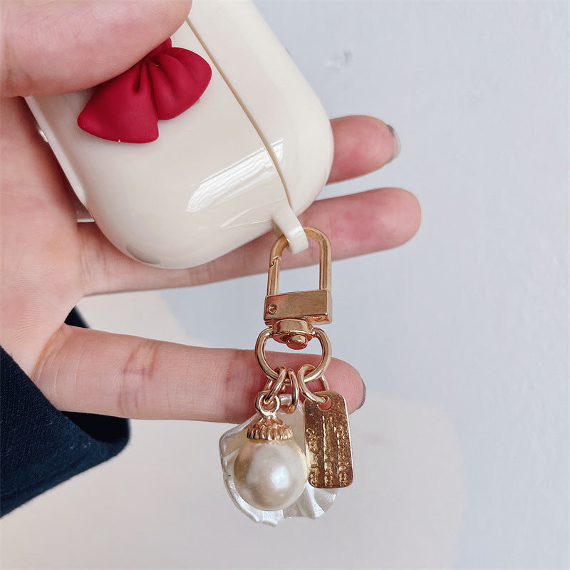 Beige Red Bow Shell Pendant Wireless Earphone Case