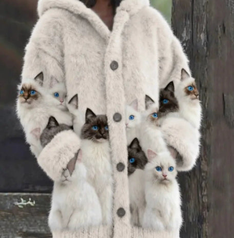 Womens Printed Cat-Design Jacket Top