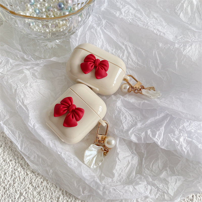 Beige Red Bow Shell Pendant Wireless Earphone Case