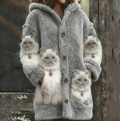 Womens Printed Cat-Design Jacket Top